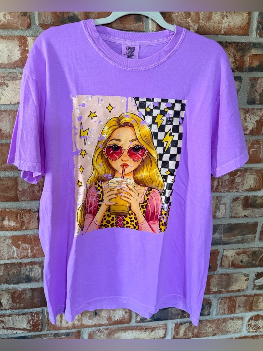 Comfort Colors Neon Violet Short Sleeve Tee with Pop Art Princess Coffee Graphic